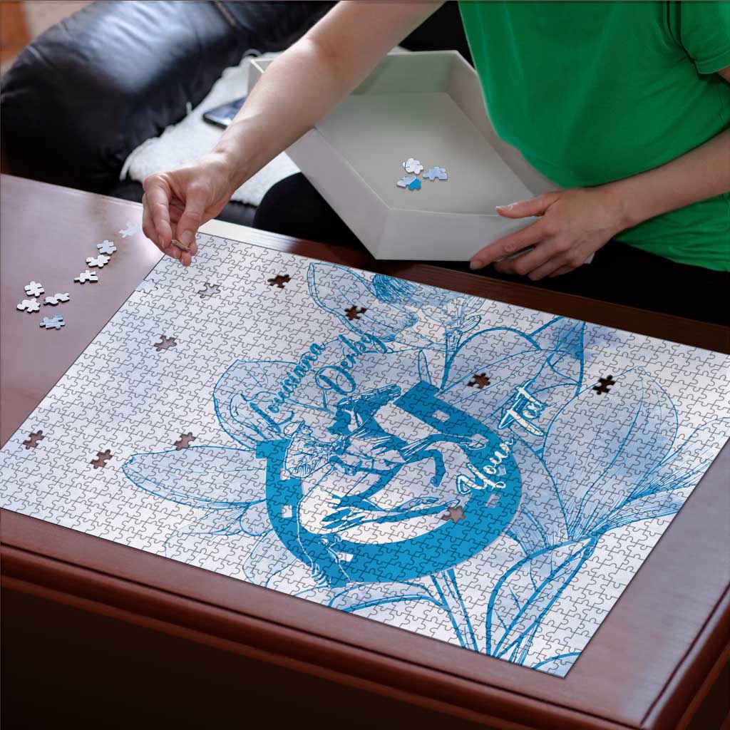 Personalized Louisiana Horse Racing Derby Puzzle Magnolia Blossom Horseshoe Pastel Blue