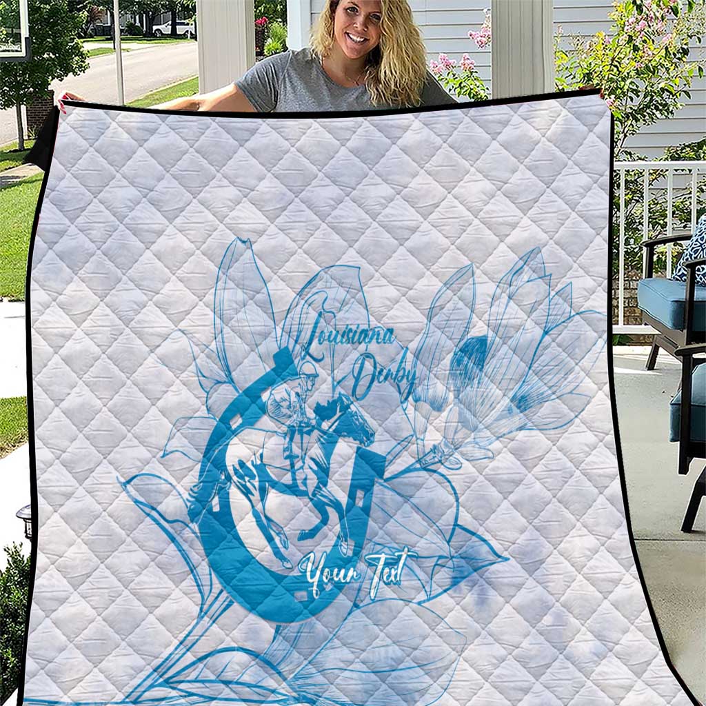 Personalized Louisiana Horse Racing Derby Quilt Magnolia Blossom Horseshoe Pastel Blue