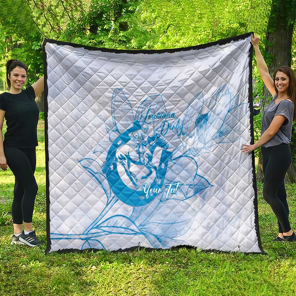 Personalized Louisiana Horse Racing Derby Quilt Magnolia Blossom Horseshoe Pastel Blue