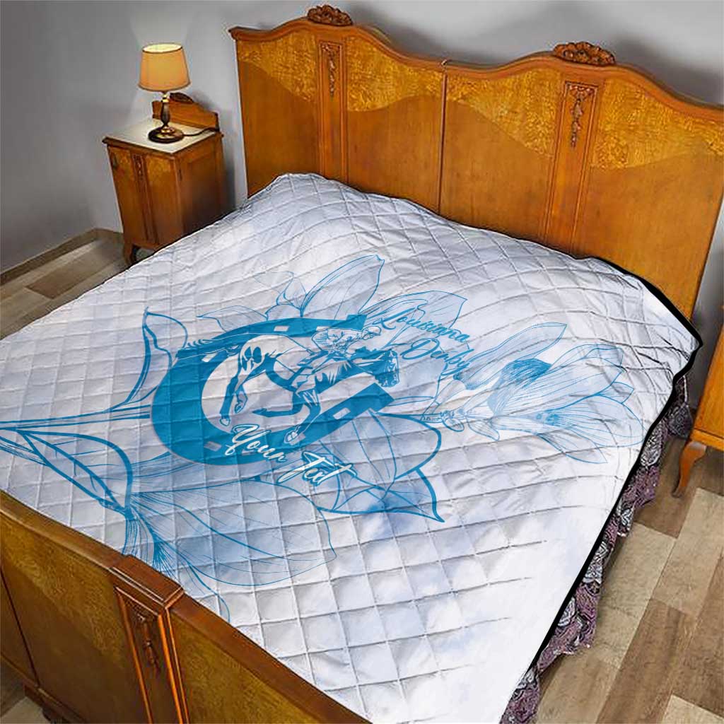 Personalized Louisiana Horse Racing Derby Quilt Magnolia Blossom Horseshoe Pastel Blue
