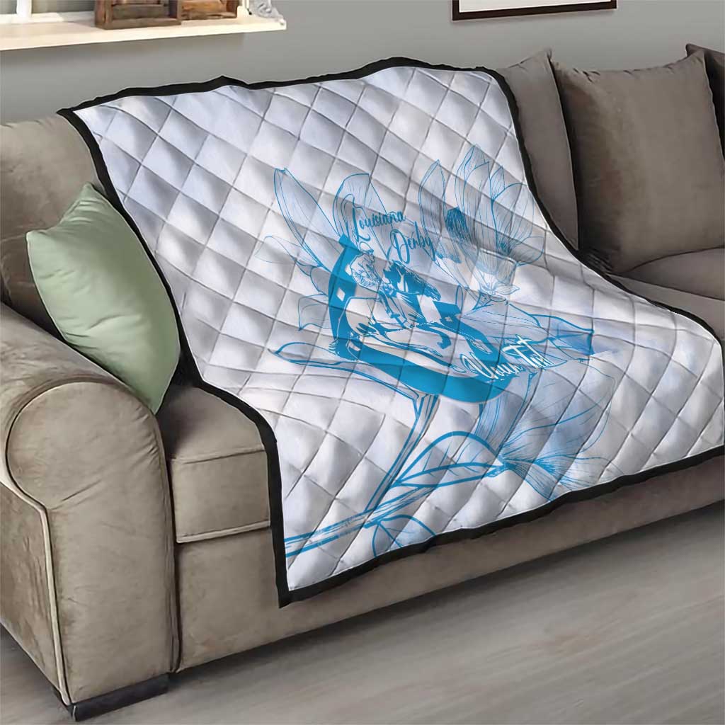 Personalized Louisiana Horse Racing Derby Quilt Magnolia Blossom Horseshoe Pastel Blue