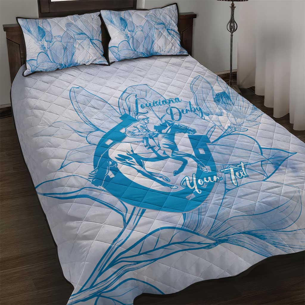 Personalized Louisiana Horse Racing Derby Quilt Bed Set Magnolia Blossom Horseshoe Pastel Blue