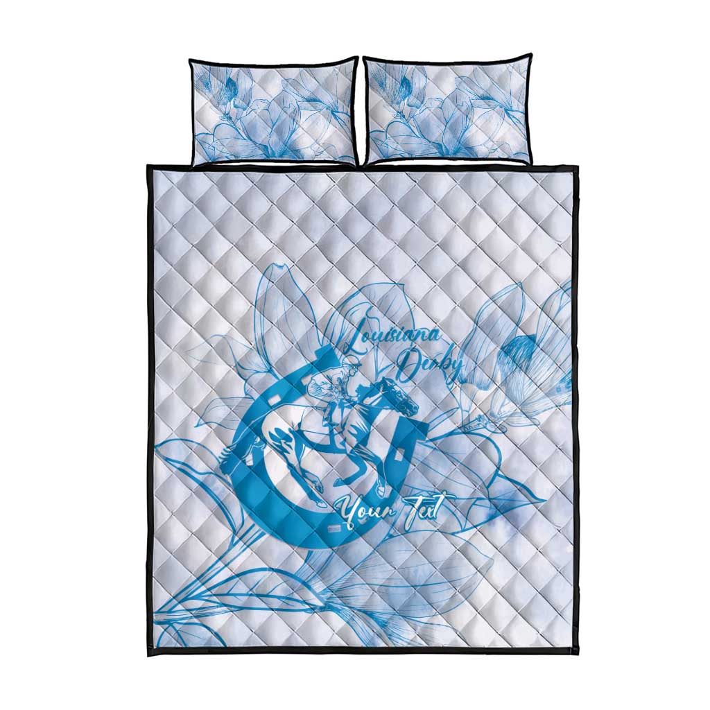 Personalized Louisiana Horse Racing Derby Quilt Bed Set Magnolia Blossom Horseshoe Pastel Blue