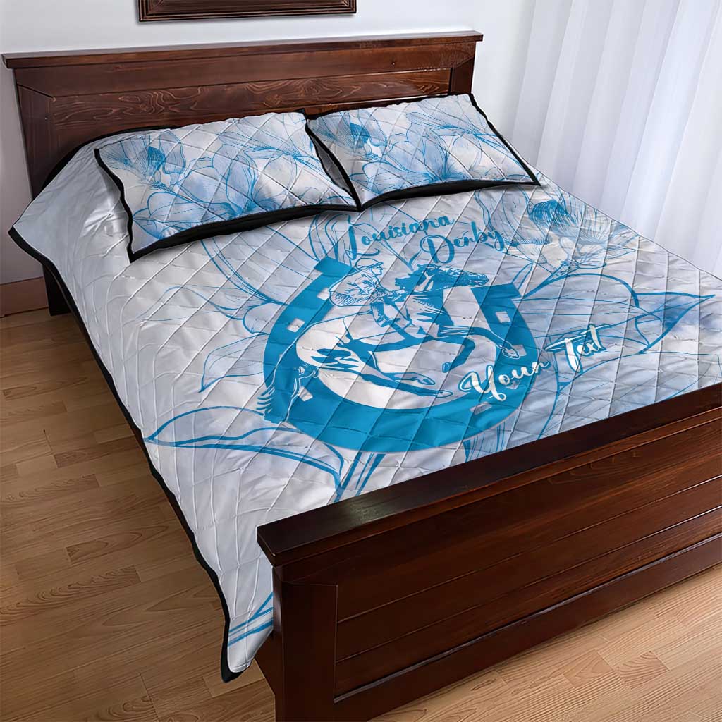 Personalized Louisiana Horse Racing Derby Quilt Bed Set Magnolia Blossom Horseshoe Pastel Blue