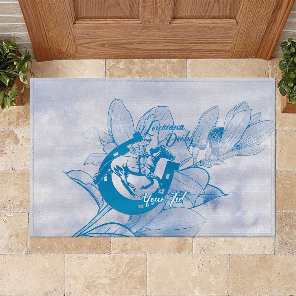 Personalized Louisiana Horse Racing Derby Rubber Doormat Magnolia Blossom Horseshoe Pastel Blue