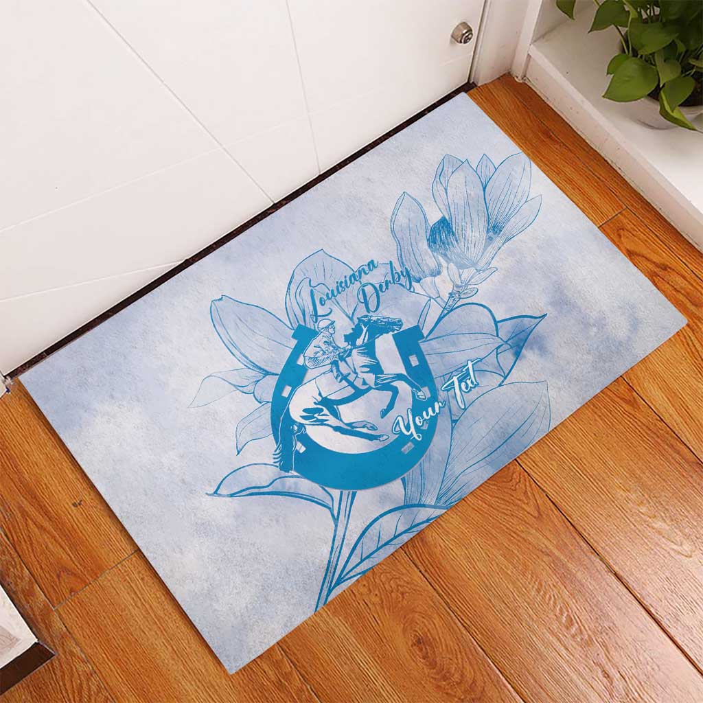 Personalized Louisiana Horse Racing Derby Rubber Doormat Magnolia Blossom Horseshoe Pastel Blue