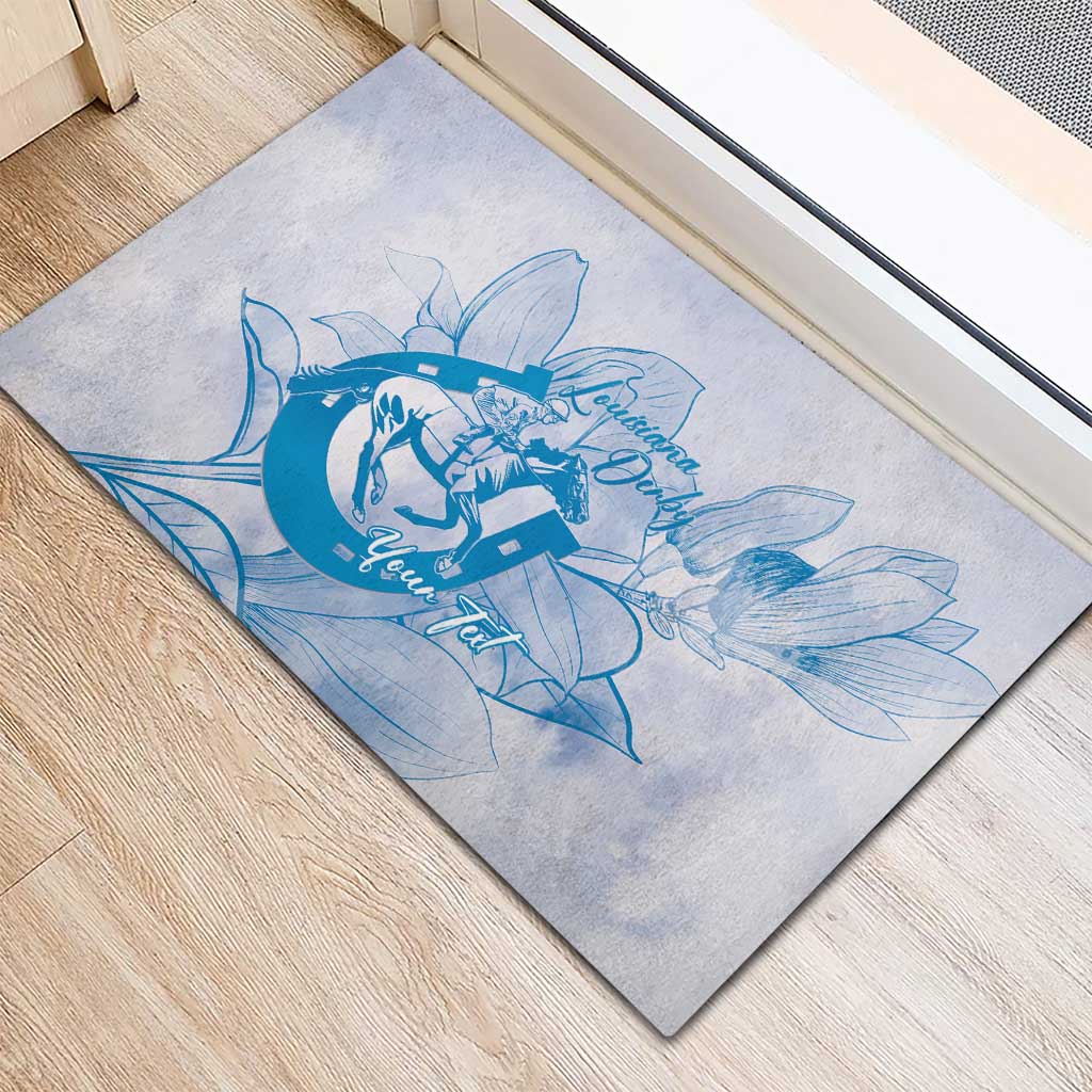 Personalized Louisiana Horse Racing Derby Rubber Doormat Magnolia Blossom Horseshoe Pastel Blue