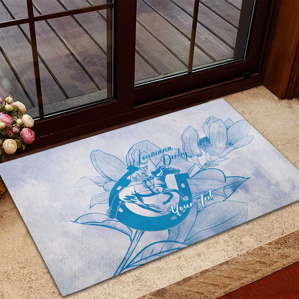 Personalized Louisiana Horse Racing Derby Rubber Doormat Magnolia Blossom Horseshoe Pastel Blue