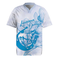 Personalized Louisiana Horse Racing Derby Rugby Jersey Magnolia Blossom Horseshoe Pastel Blue
