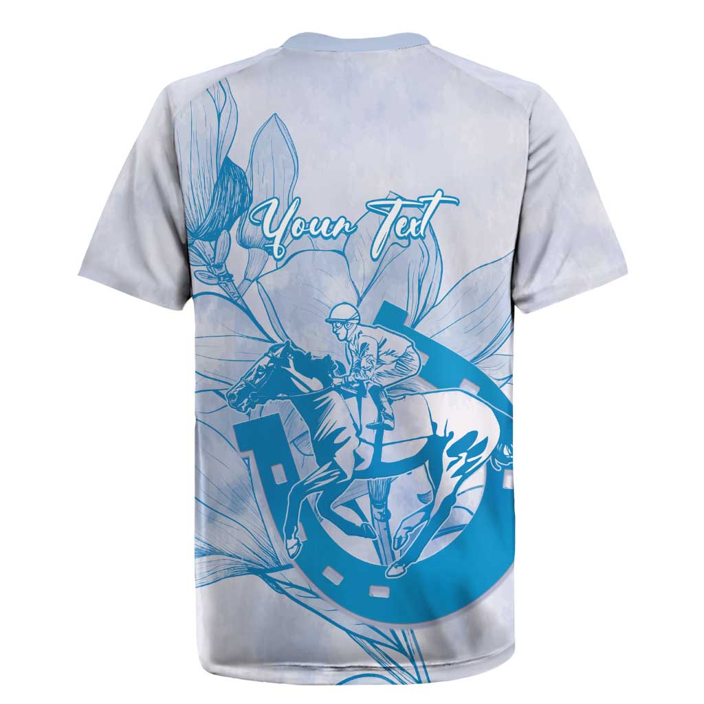Personalized Louisiana Horse Racing Derby Rugby Jersey Magnolia Blossom Horseshoe Pastel Blue