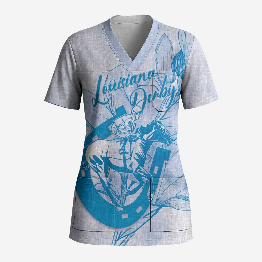 Personalized Louisiana Horse Racing Derby Scrub Top Magnolia Blossom Horseshoe Pastel Blue