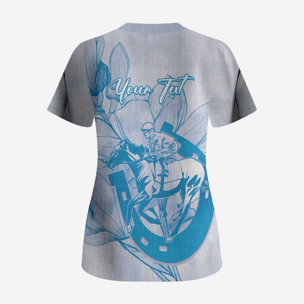 Personalized Louisiana Horse Racing Derby Scrub Top Magnolia Blossom Horseshoe Pastel Blue
