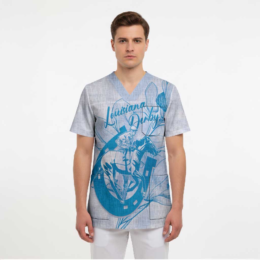Personalized Louisiana Horse Racing Derby Scrub Top Magnolia Blossom Horseshoe Pastel Blue