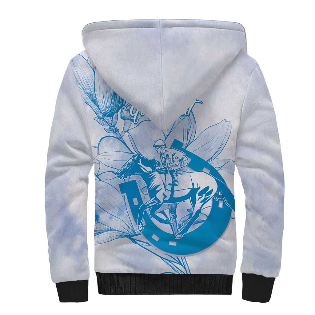 Personalized Louisiana Horse Racing Derby Sherpa Hoodie Magnolia Blossom Horseshoe Pastel Blue