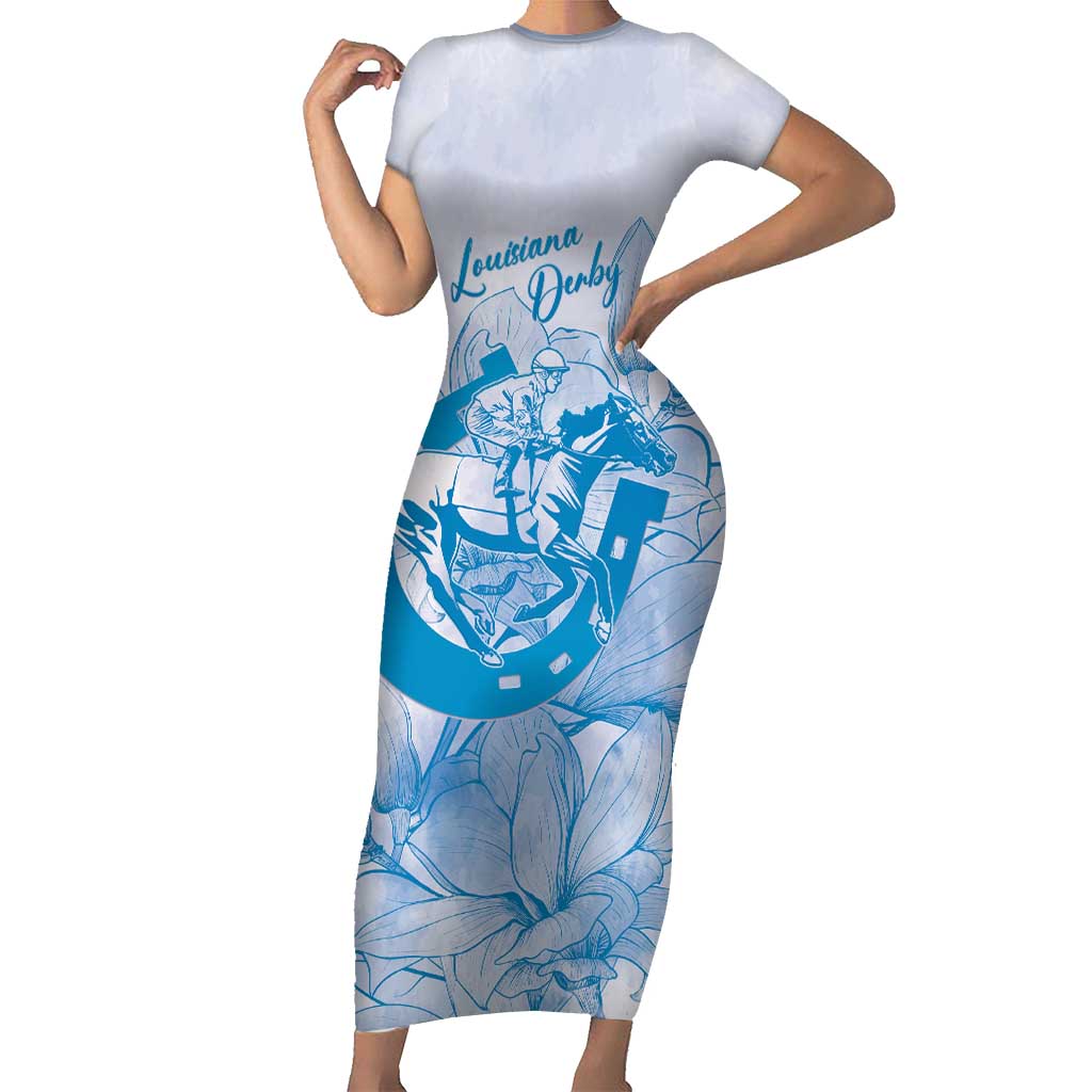 Personalized Louisiana Horse Racing Derby Short Sleeve Bodycon Dress Magnolia Blossom Horseshoe Pastel Blue