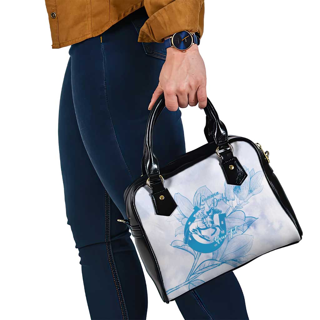 Personalized Louisiana Horse Racing Derby Shoulder Handbag Magnolia Blossom Horseshoe Pastel Blue