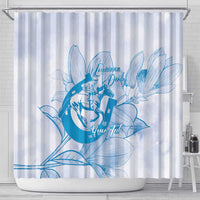Personalized Louisiana Horse Racing Derby Shower Curtain Magnolia Blossom Horseshoe Pastel Blue