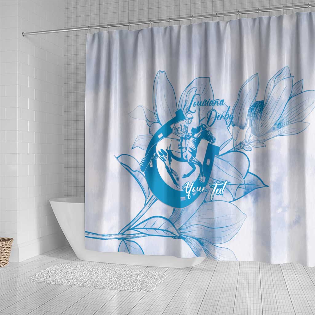 Personalized Louisiana Horse Racing Derby Shower Curtain Magnolia Blossom Horseshoe Pastel Blue