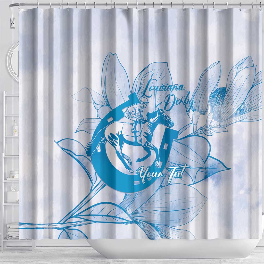 Personalized Louisiana Horse Racing Derby Shower Curtain Magnolia Blossom Horseshoe Pastel Blue