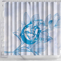 Personalized Louisiana Horse Racing Derby Shower Curtain Magnolia Blossom Horseshoe Pastel Blue