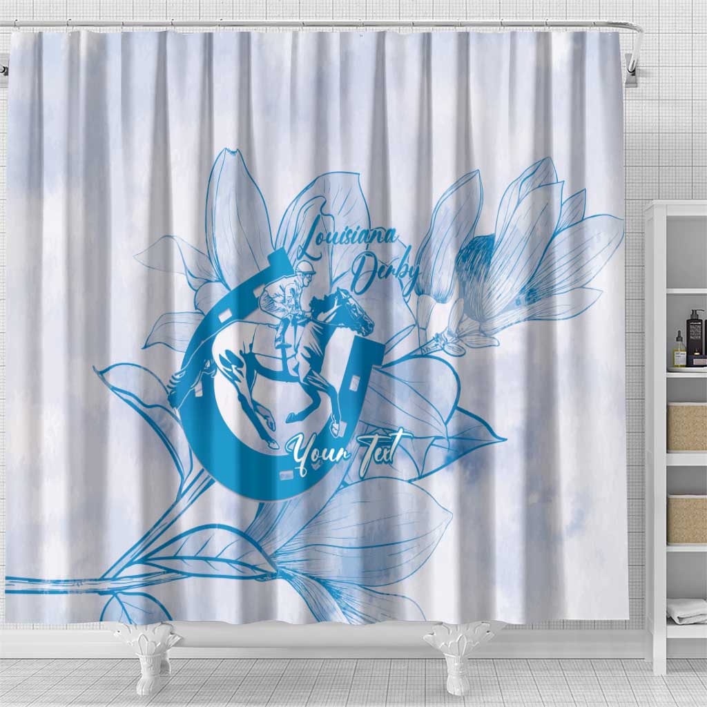 Personalized Louisiana Horse Racing Derby Shower Curtain Magnolia Blossom Horseshoe Pastel Blue