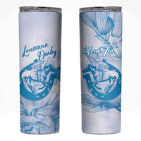 Personalized Louisiana Horse Racing Derby Skinny Tumbler Magnolia Blossom Horseshoe Pastel Blue