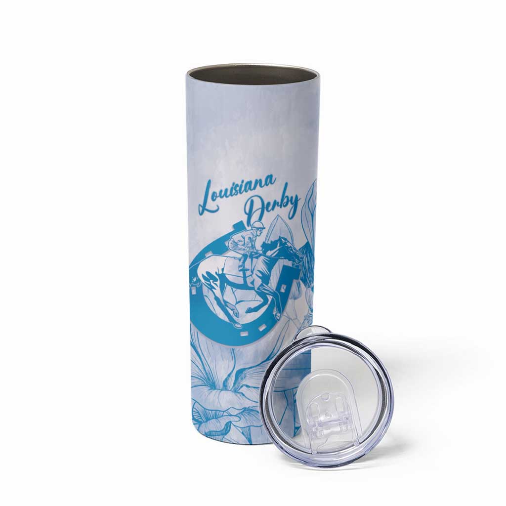 Personalized Louisiana Horse Racing Derby Skinny Tumbler Magnolia Blossom Horseshoe Pastel Blue
