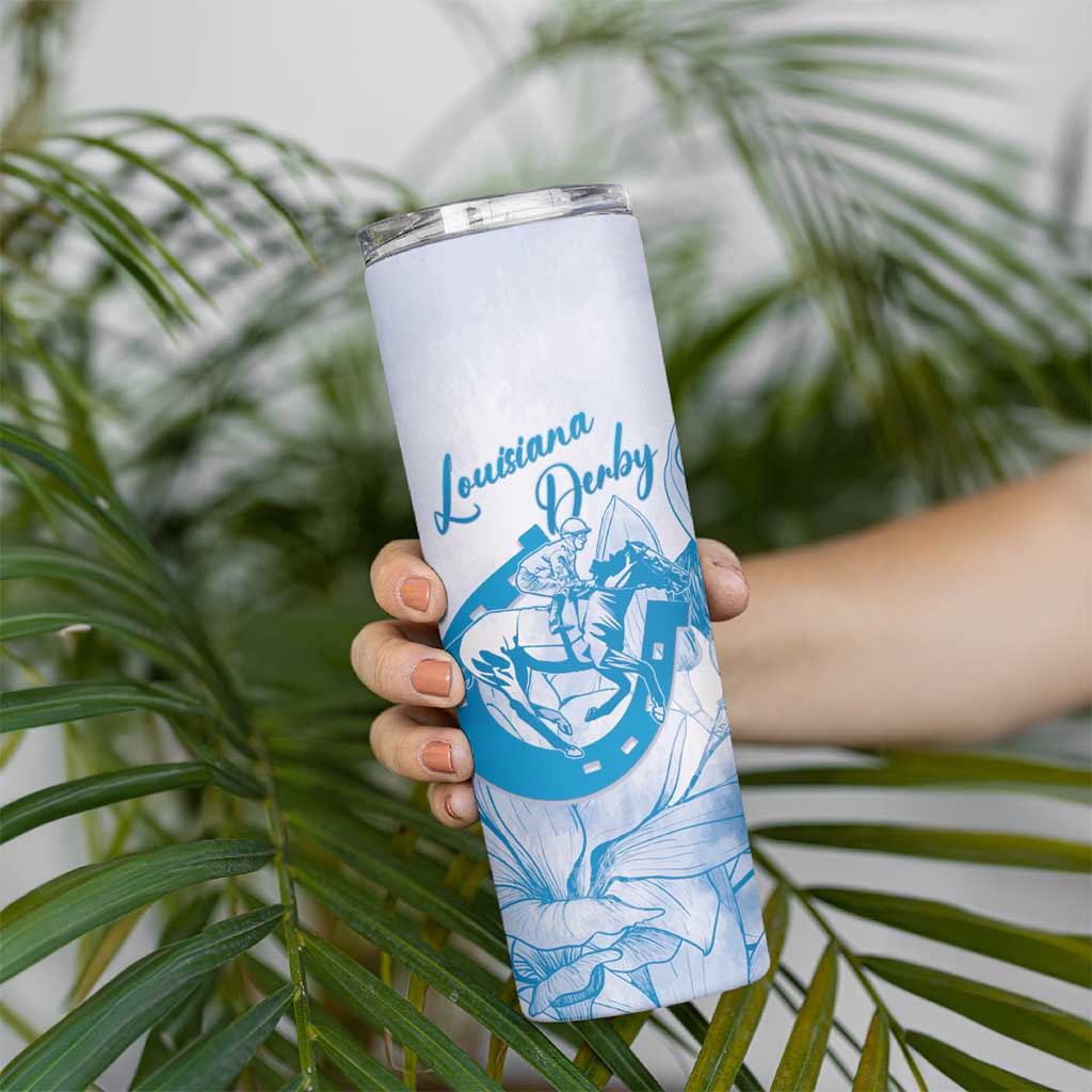 Personalized Louisiana Horse Racing Derby Skinny Tumbler Magnolia Blossom Horseshoe Pastel Blue