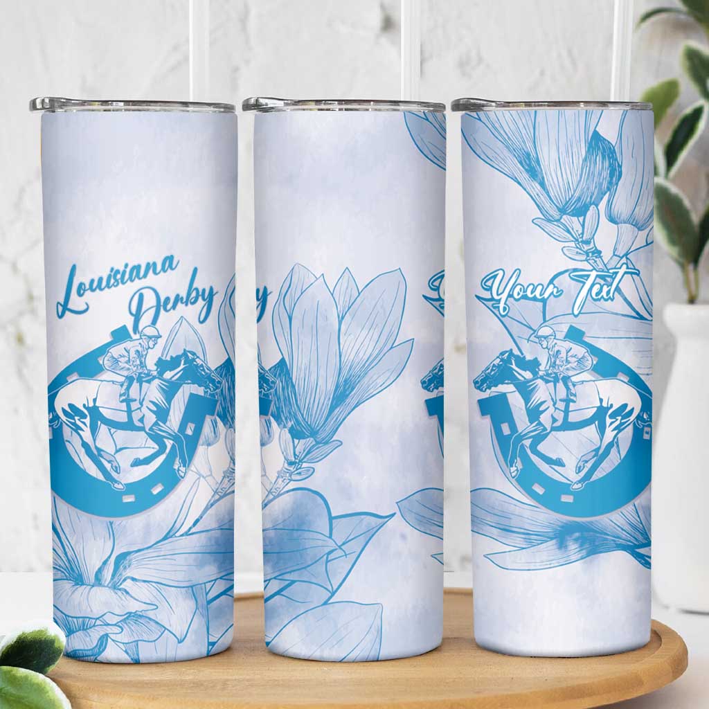 Personalized Louisiana Horse Racing Derby Skinny Tumbler Magnolia Blossom Horseshoe Pastel Blue