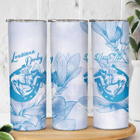 Personalized Louisiana Horse Racing Derby Skinny Tumbler Magnolia Blossom Horseshoe Pastel Blue