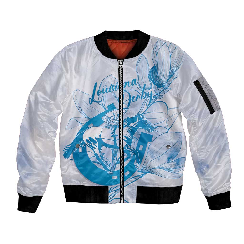 Personalized Louisiana Horse Racing Derby Sleeve Zip Bomber Jacket Magnolia Blossom Horseshoe Pastel Blue