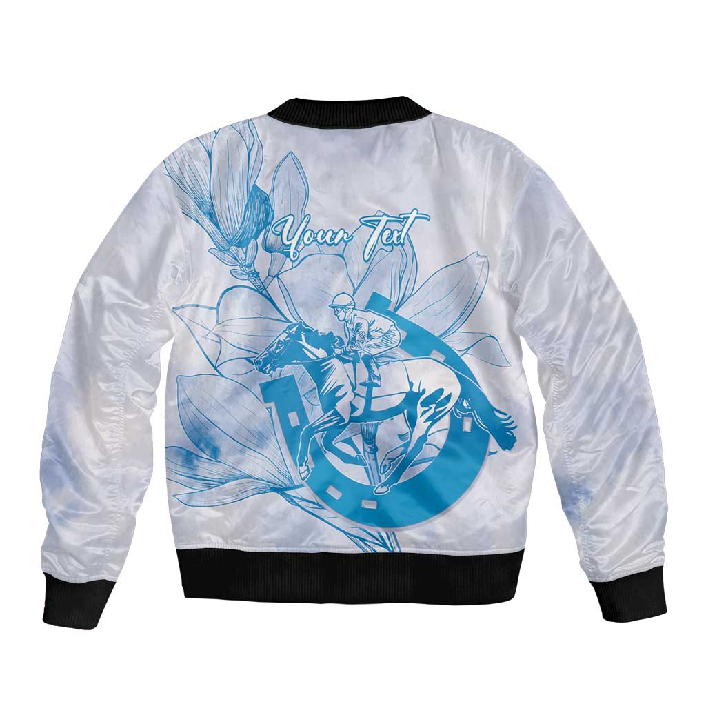 Personalized Louisiana Horse Racing Derby Sleeve Zip Bomber Jacket Magnolia Blossom Horseshoe Pastel Blue