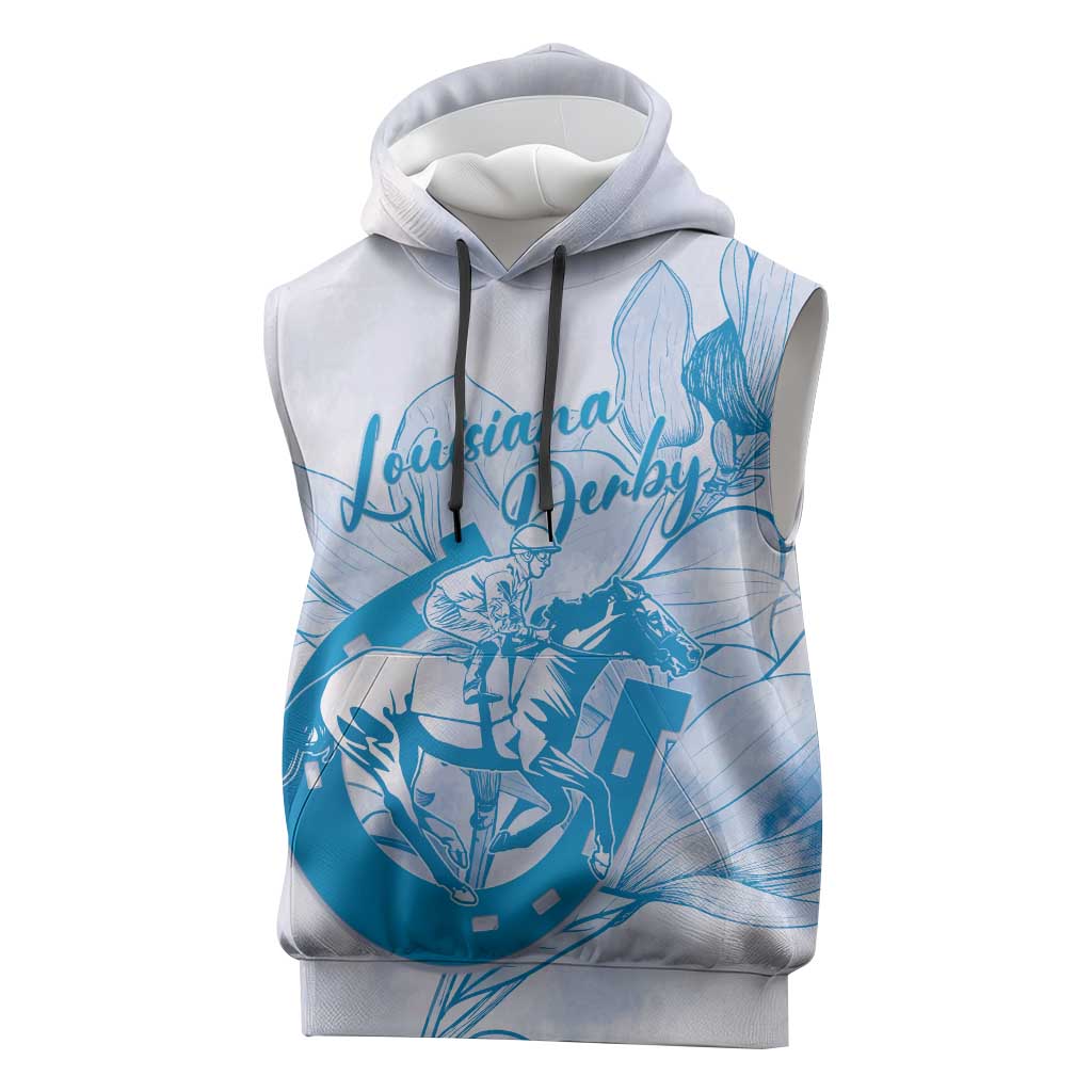 Personalized Louisiana Horse Racing Derby Sleeveless Hoodie Magnolia Blossom Horseshoe Pastel Blue