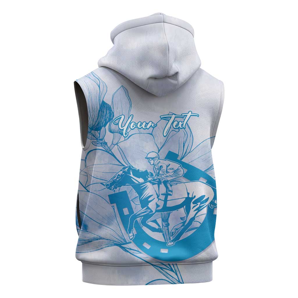 Personalized Louisiana Horse Racing Derby Sleeveless Hoodie Magnolia Blossom Horseshoe Pastel Blue