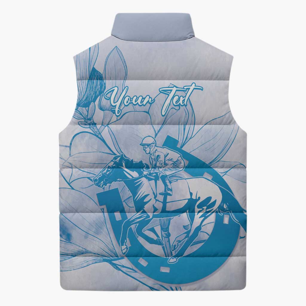 Personalized Louisiana Horse Racing Derby Sleeveless Puffer Jacket Magnolia Blossom Horseshoe Pastel Blue