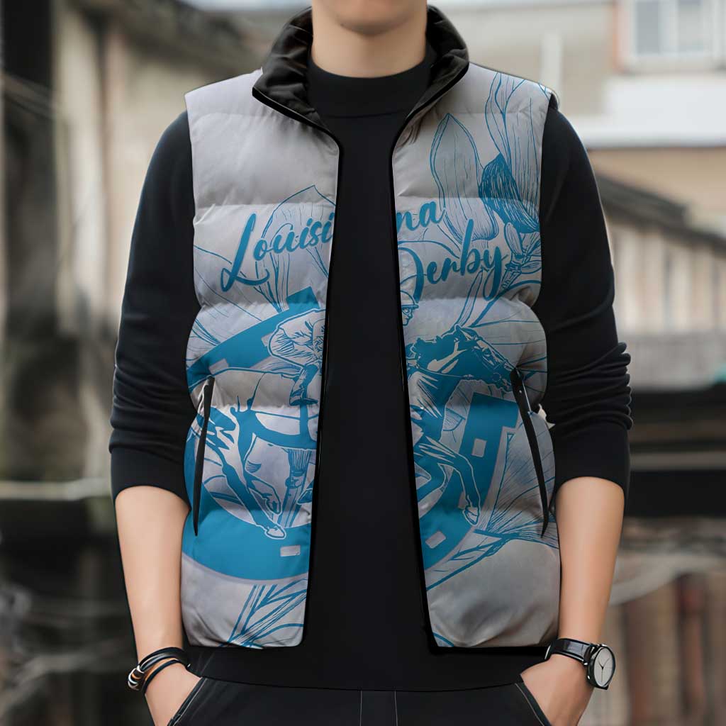 Personalized Louisiana Horse Racing Derby Sleeveless Puffer Jacket Magnolia Blossom Horseshoe Pastel Blue