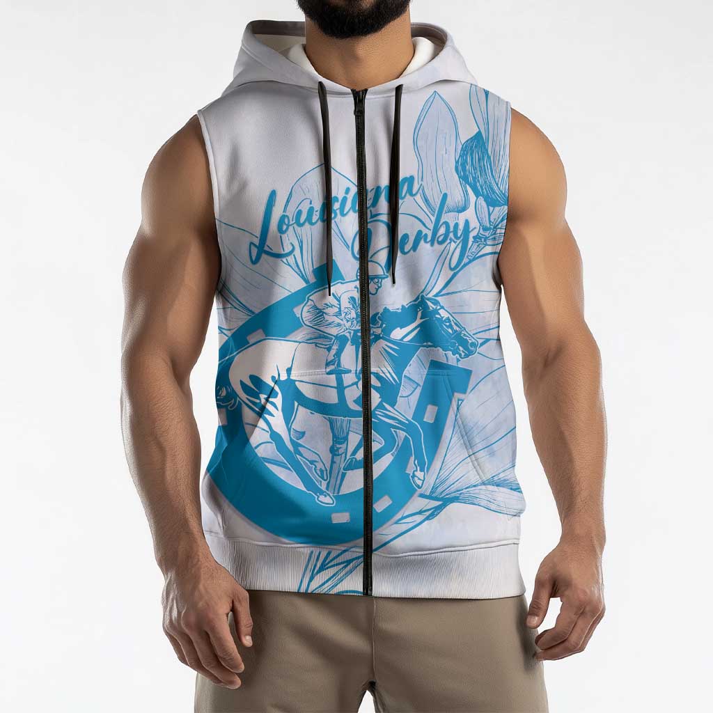 Personalized Louisiana Horse Racing Derby Sleeveless Zip Hoodie Magnolia Blossom Horseshoe Pastel Blue