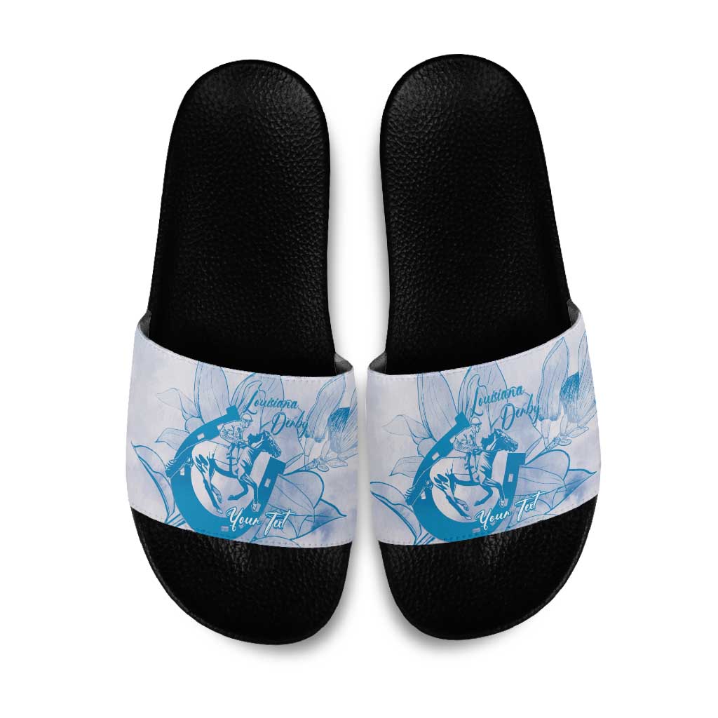 Personalized Louisiana Horse Racing Derby Slide Sandals Magnolia Blossom Horseshoe Pastel Blue