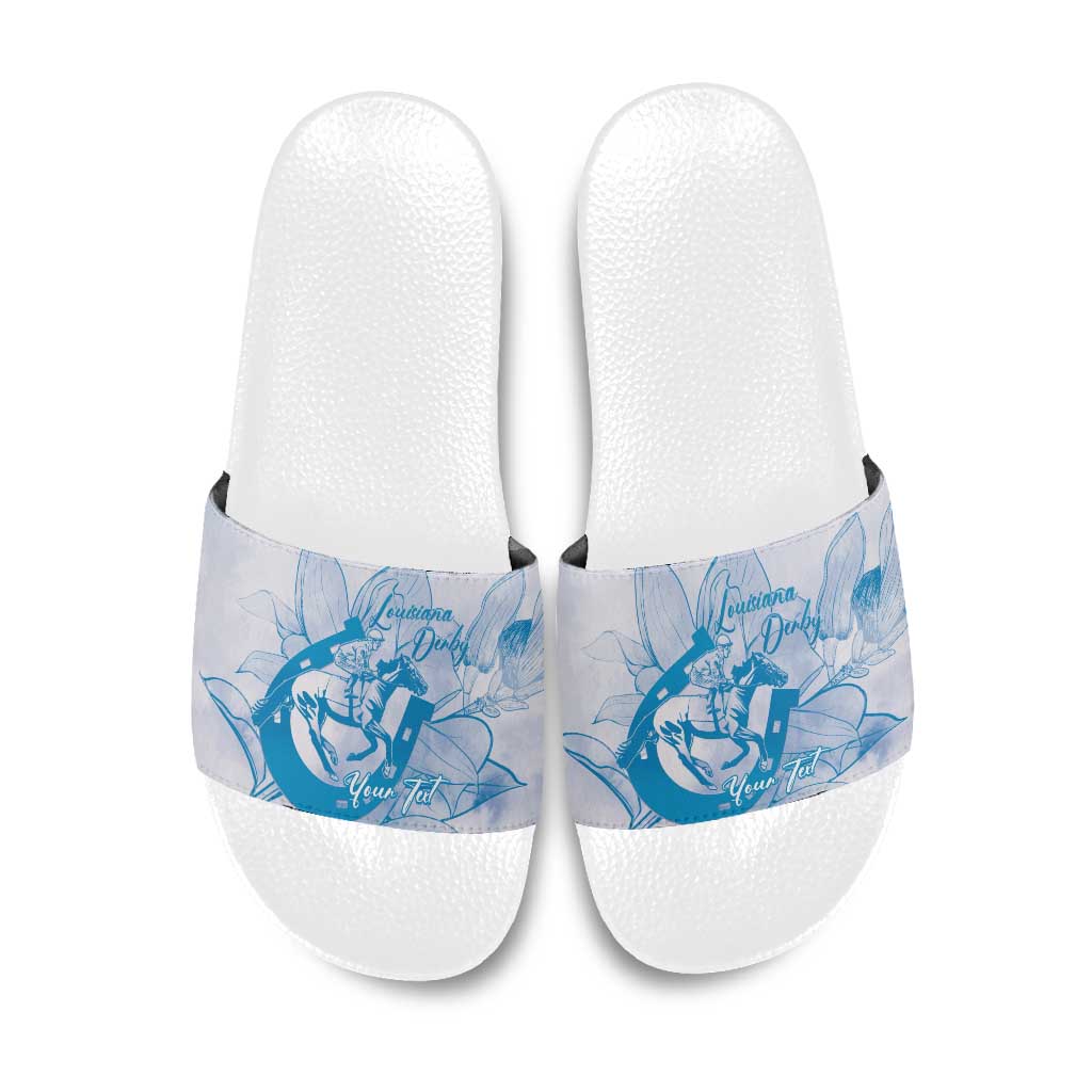 Personalized Louisiana Horse Racing Derby Slide Sandals Magnolia Blossom Horseshoe Pastel Blue