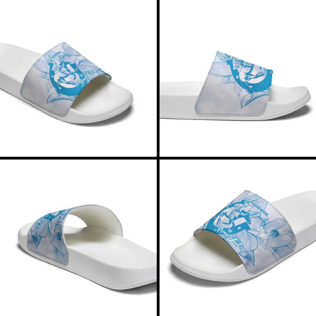 Personalized Louisiana Horse Racing Derby Slide Sandals Magnolia Blossom Horseshoe Pastel Blue