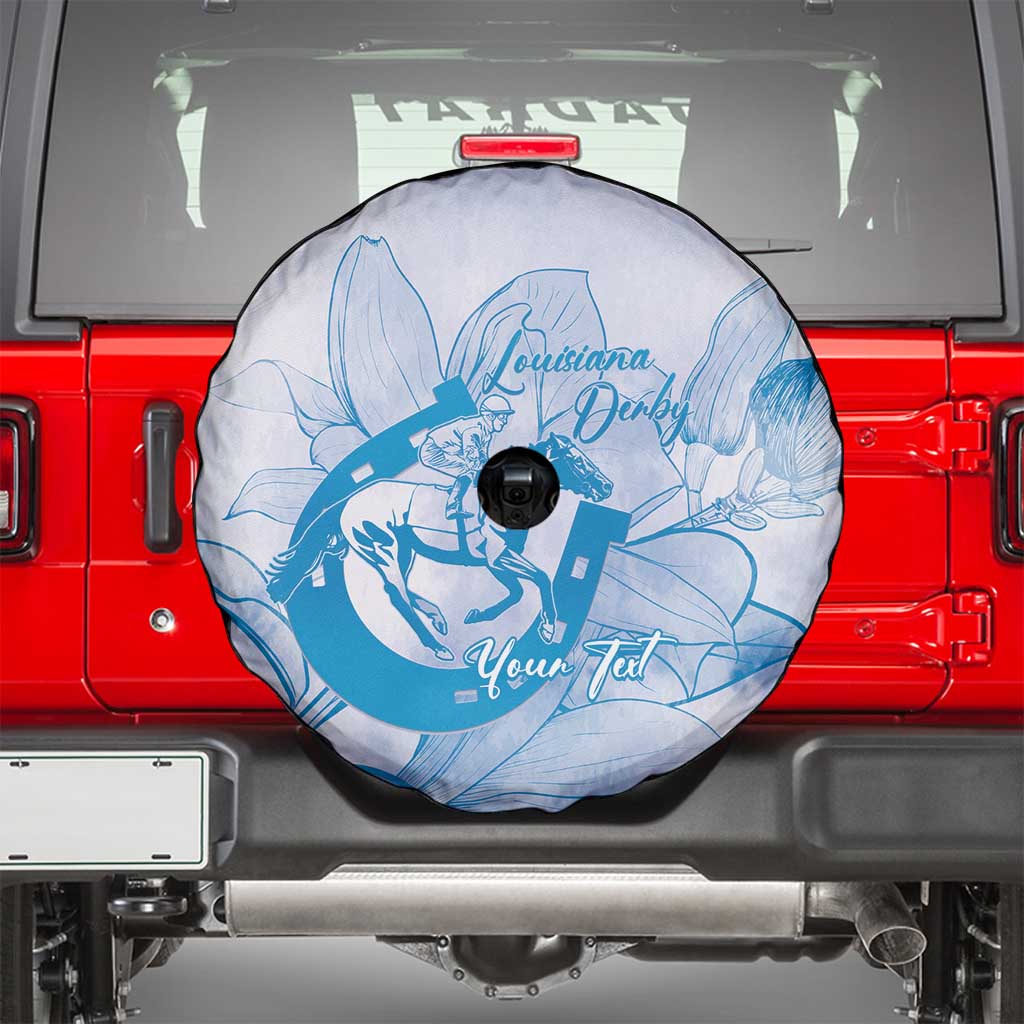 Personalized Louisiana Horse Racing Derby Spare Tire Cover Magnolia Blossom Horseshoe Pastel Blue