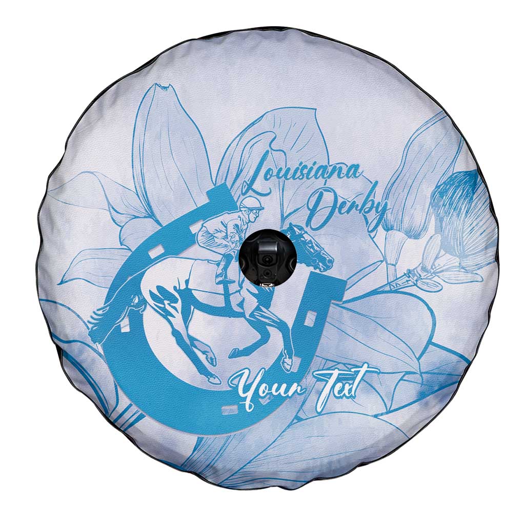 Personalized Louisiana Horse Racing Derby Spare Tire Cover Magnolia Blossom Horseshoe Pastel Blue