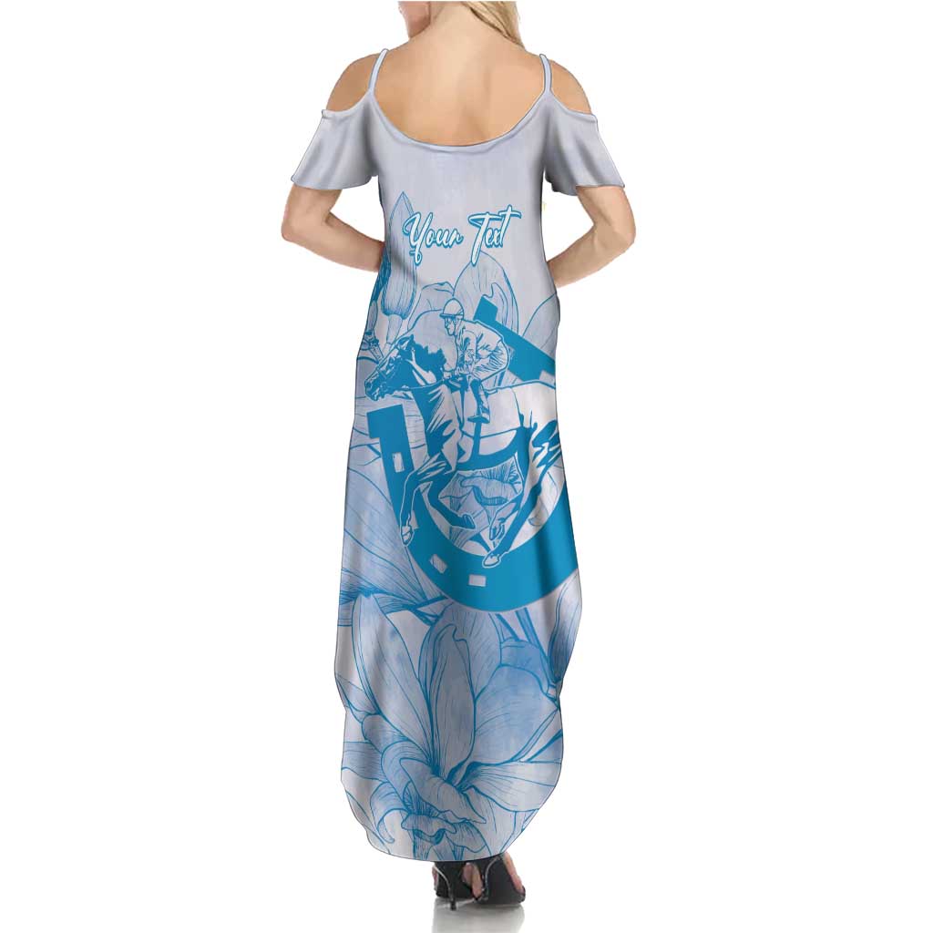 Personalized Louisiana Horse Racing Derby Summer Maxi Dress Magnolia Blossom Horseshoe Pastel Blue