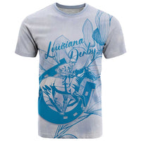 Personalized Louisiana Horse Racing Derby T Shirt Magnolia Blossom Horseshoe Pastel Blue