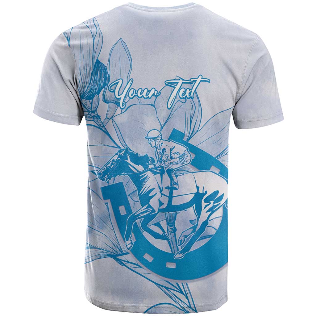 Personalized Louisiana Horse Racing Derby T Shirt Magnolia Blossom Horseshoe Pastel Blue