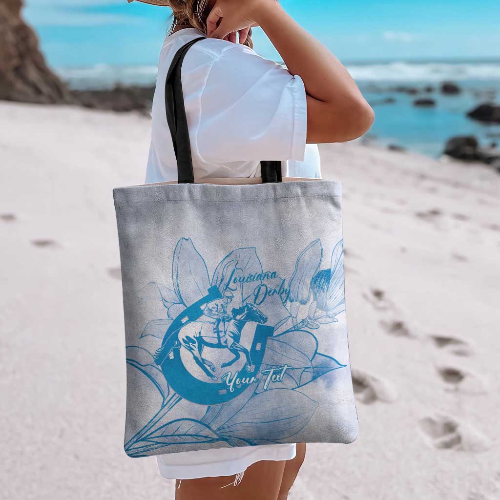Personalized Louisiana Horse Racing Derby Tote Bag Magnolia Blossom Horseshoe Pastel Blue