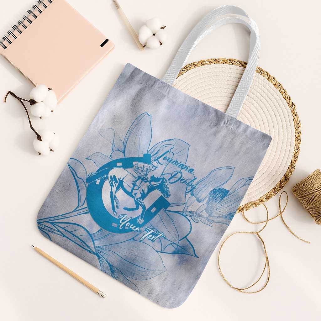 Personalized Louisiana Horse Racing Derby Tote Bag Magnolia Blossom Horseshoe Pastel Blue