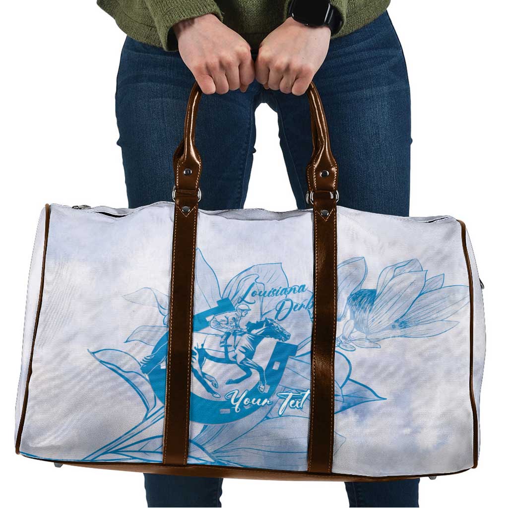 Personalized Louisiana Horse Racing Derby Travel Bag Magnolia Blossom Horseshoe Pastel Blue