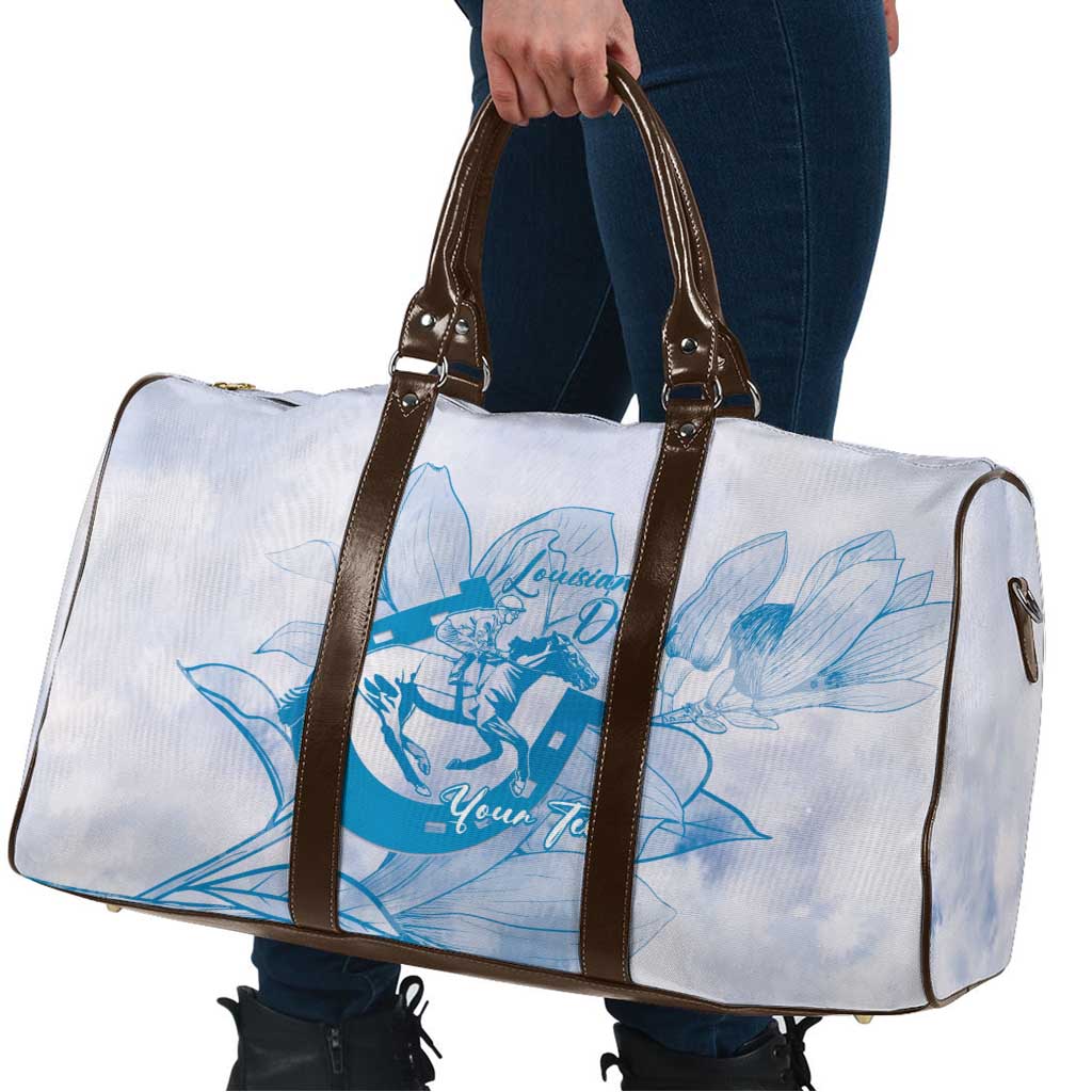 Personalized Louisiana Horse Racing Derby Travel Bag Magnolia Blossom Horseshoe Pastel Blue