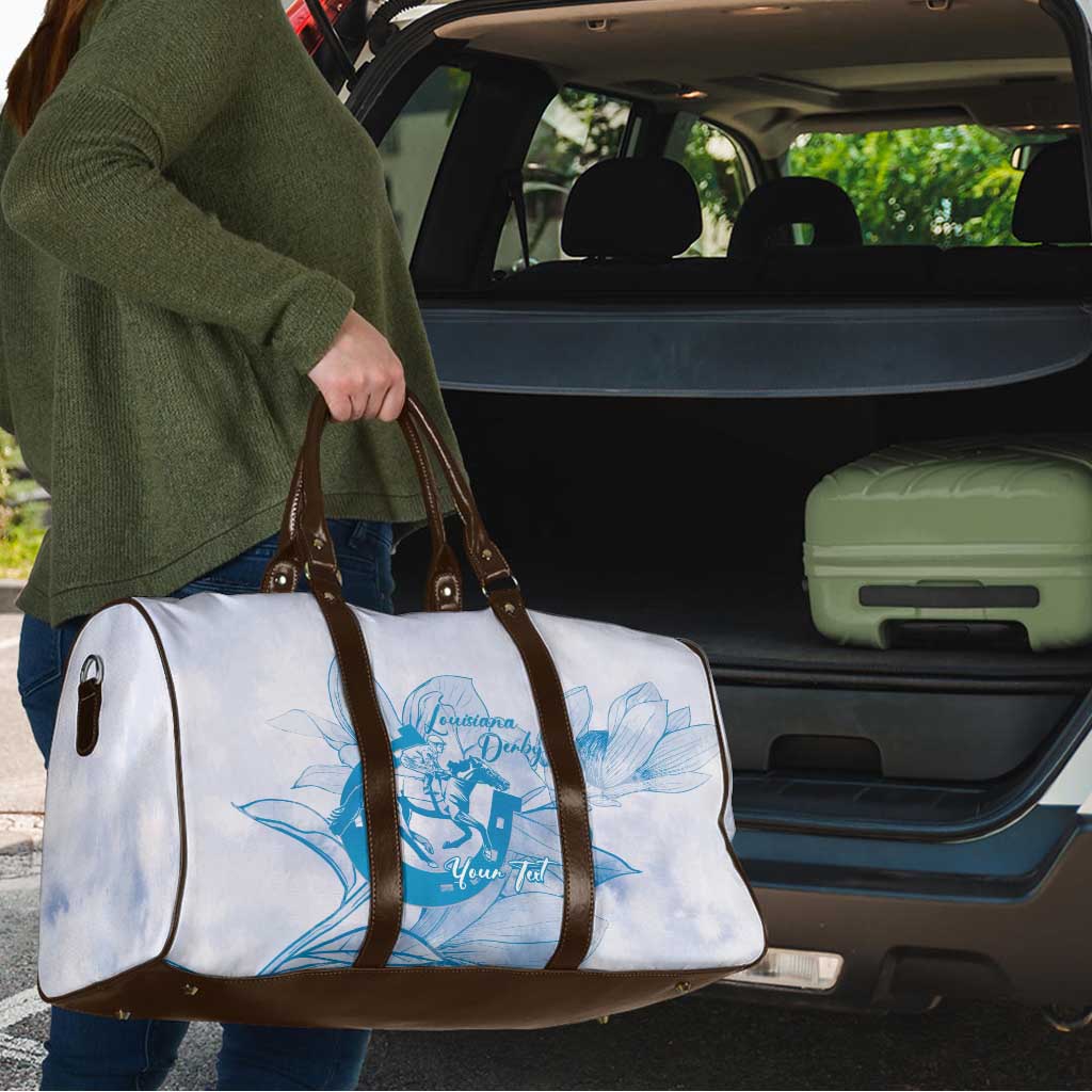 Personalized Louisiana Horse Racing Derby Travel Bag Magnolia Blossom Horseshoe Pastel Blue